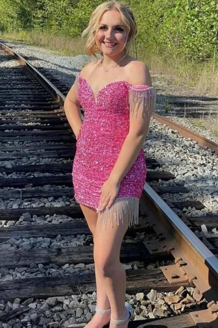 Satin Sequined Off-Shoulder V-Neck Fringes Bodycon Lace-Up Back Short Homecoming Cocktail Dress