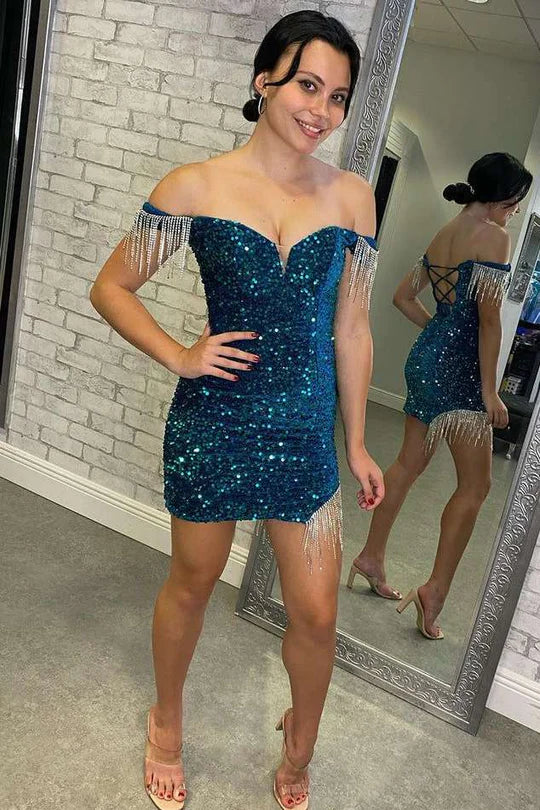Satin Sequined Off-Shoulder V-Neck Fringes Bodycon Lace-Up Back Short Homecoming Cocktail Dress