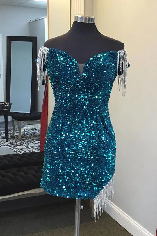 Satin Sequined Off-Shoulder V-Neck Fringes Bodycon Lace-Up Back Short Homecoming Cocktail Dress