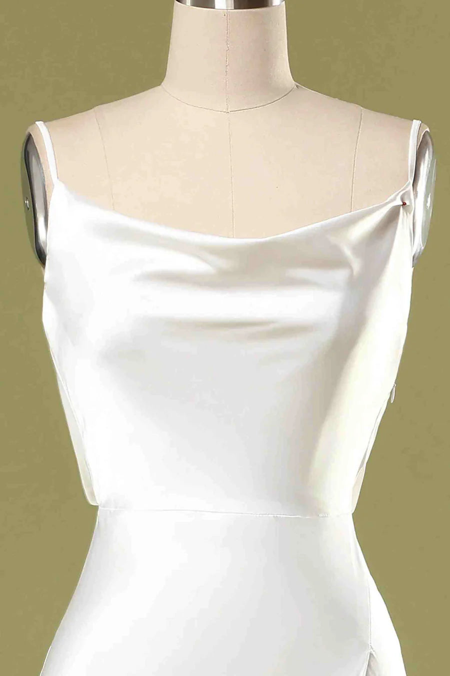 Satin Spaghetti Strap Cowl Open Back Bridesmaid Dress with Slit