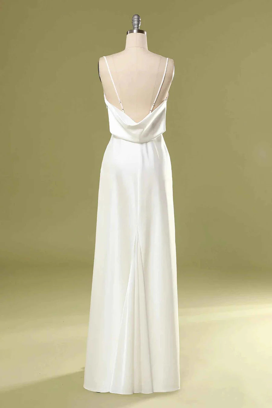 Satin Spaghetti Strap Cowl Open Back Bridesmaid Dress with Slit