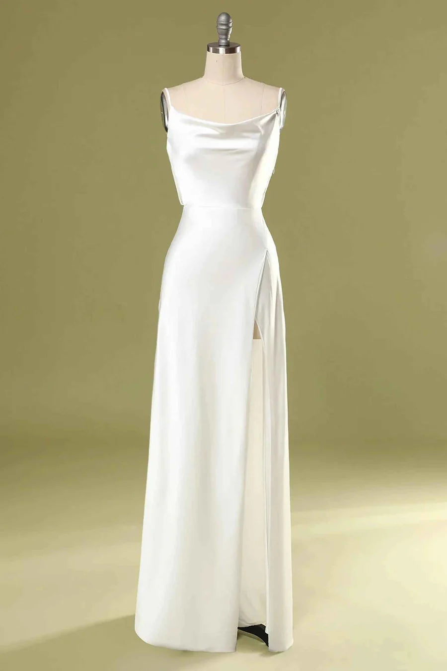 Satin Spaghetti Strap Cowl Open Back Bridesmaid Dress with Slit