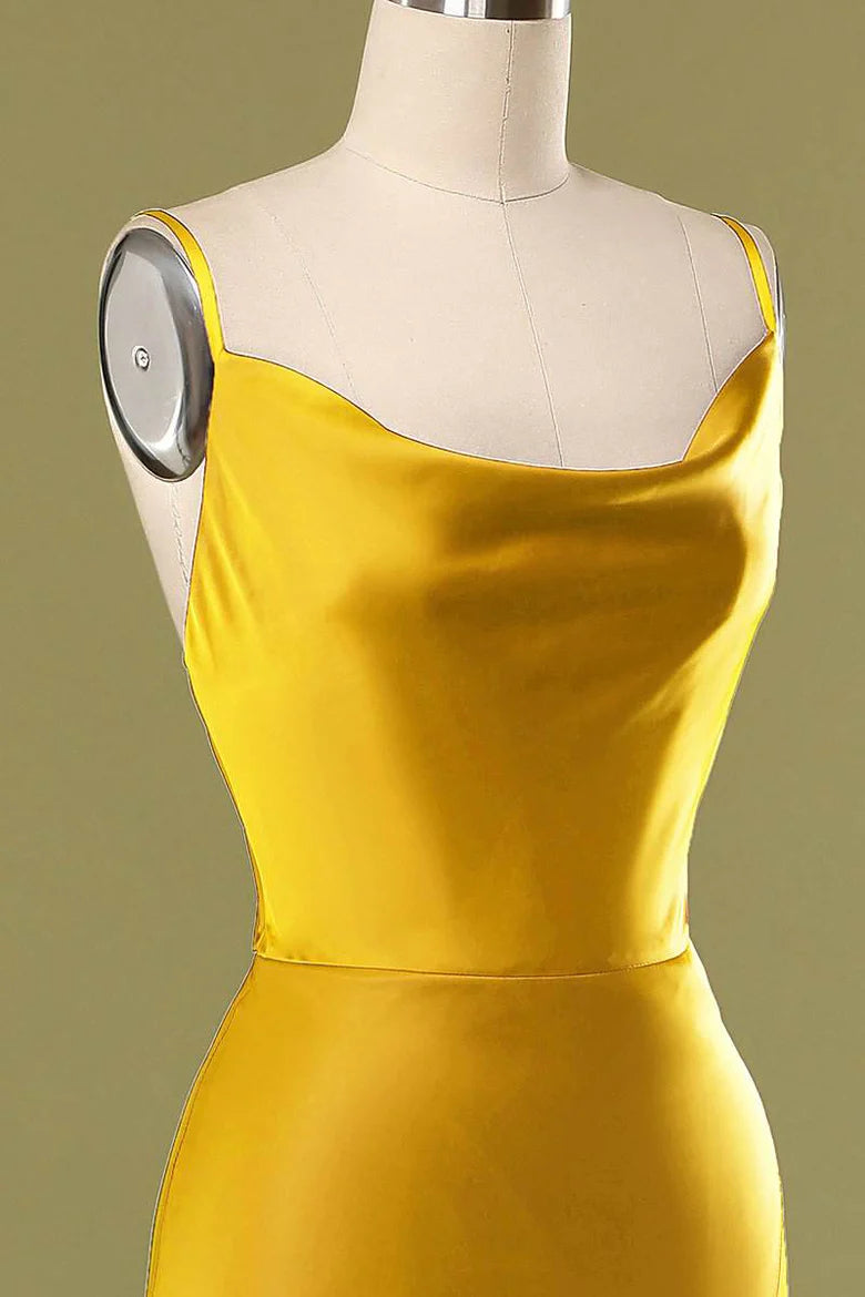 Satin Spaghetti Strap Cowl Open Back Bridesmaid Dress with Slit