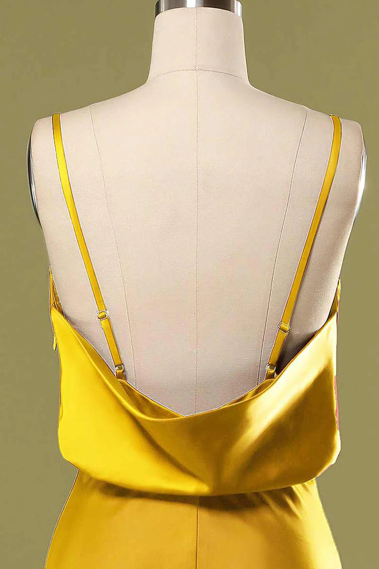 Satin Spaghetti Strap Cowl Open Back Bridesmaid Dress with Slit