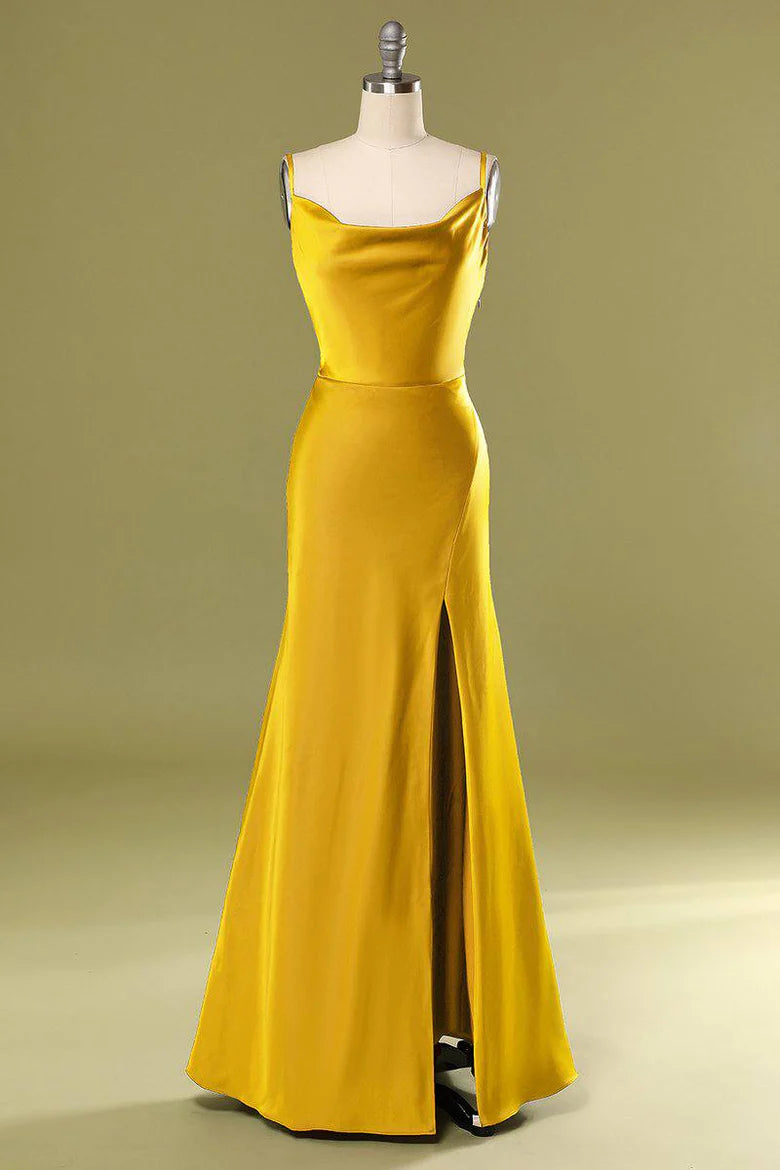 Satin Spaghetti Strap Cowl Open Back Bridesmaid Dress with Slit