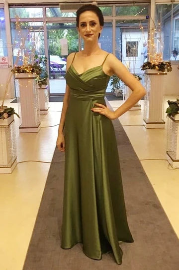 Satin Spaghetti Strap Pleated A-Line Floor Length Bridesmaid Dress