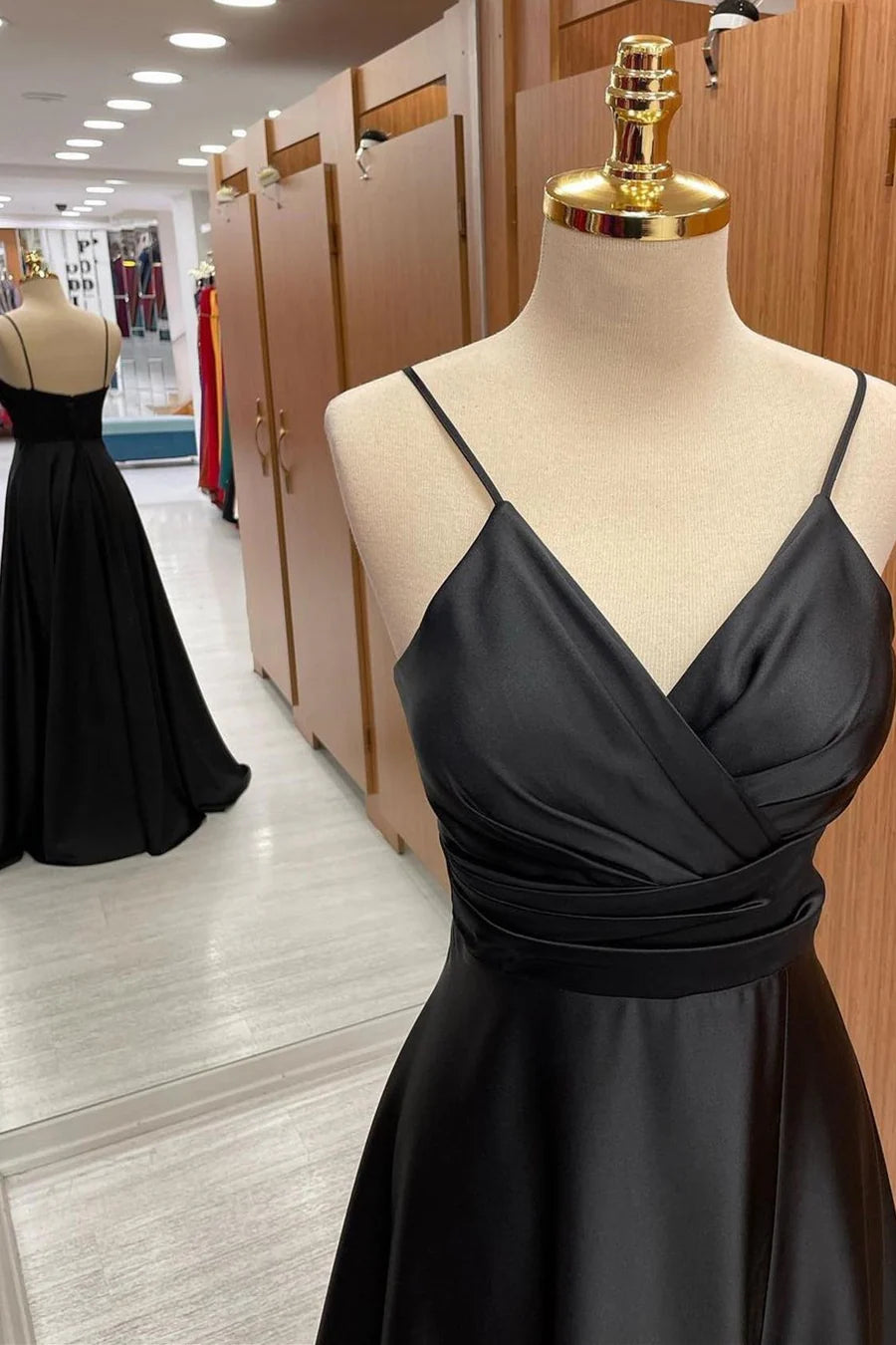 Satin Spaghetti Strap Pleated A-Line Floor Length Bridesmaid Dress