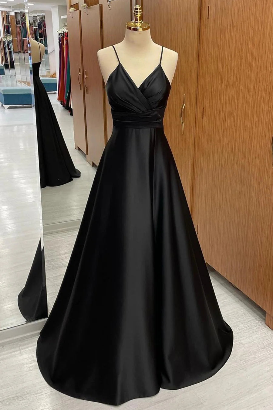 Satin Spaghetti Strap Pleated A-Line Floor Length Bridesmaid Dress