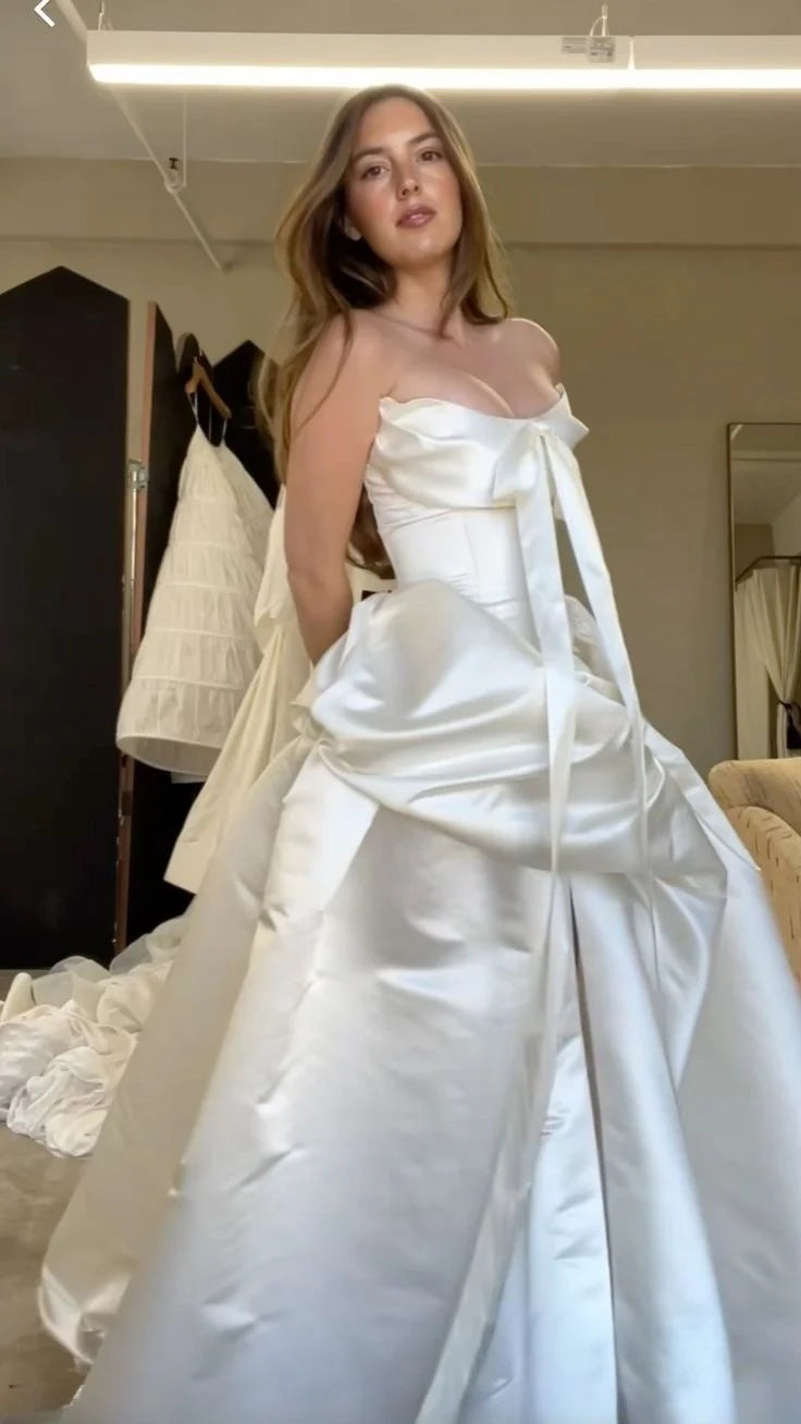 Satin Strapless Slit Long Wedding Dress Unique Floor Length Bridal Gown With Streamer