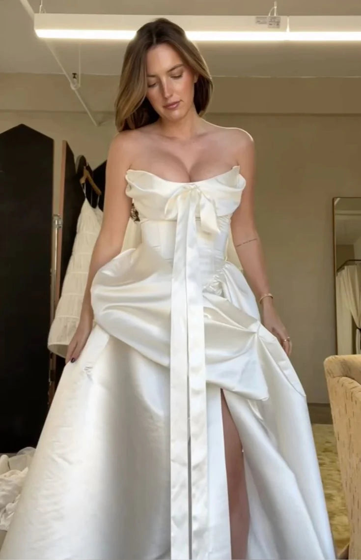 Satin Strapless Slit Long Wedding Dress Unique Floor Length Bridal Gown With Streamer