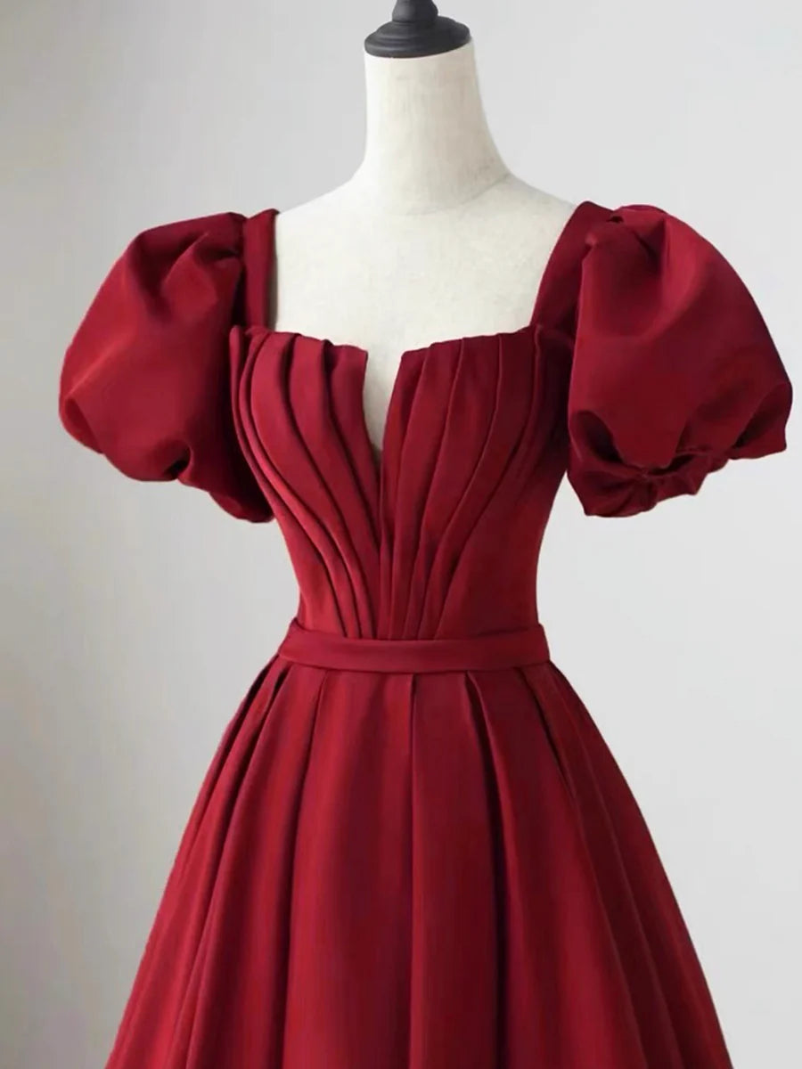 Satin V Neck A-Line Floor Length Short Sleeves Party Dress Evening Party Dress