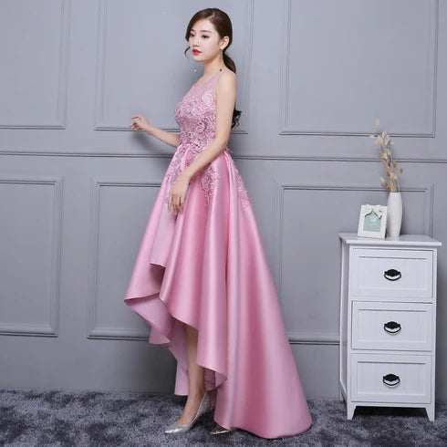 Satin With Applique Round Neck High Low Homecoming Dress Prom Dress