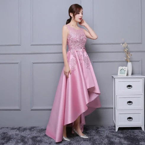 Satin With Applique Round Neck High Low Homecoming Dress Prom Dress