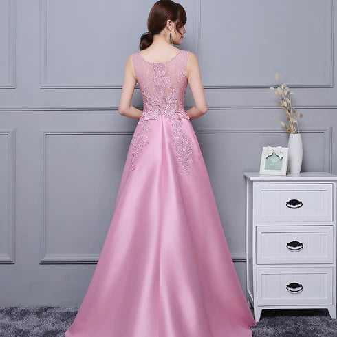 Satin With Applique Round Neck High Low Homecoming Dress Prom Dress