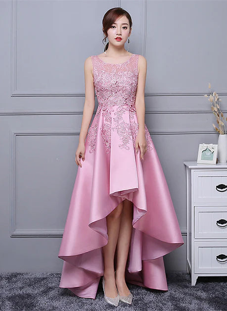 Satin With Applique Round Neck High Low Homecoming Dress Prom Dress