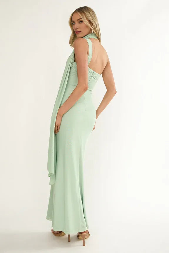 Scarf Neck One-Shoulder Mint Maxi Evening Dress Party Dress With Streamer