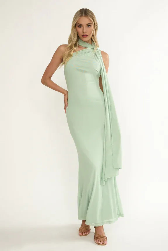 Scarf Neck One-Shoulder Mint Maxi Evening Dress Party Dress With Streamer