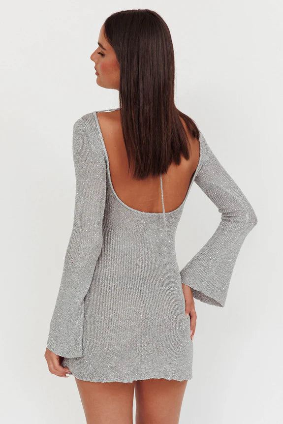 Scoop Neck Long Sleeves Sequin Knit Silver Mini Homecoming Dress