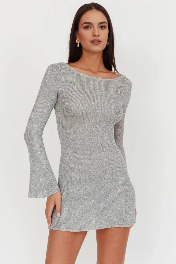 Scoop Neck Long Sleeves Sequin Knit Silver Mini Homecoming Dress