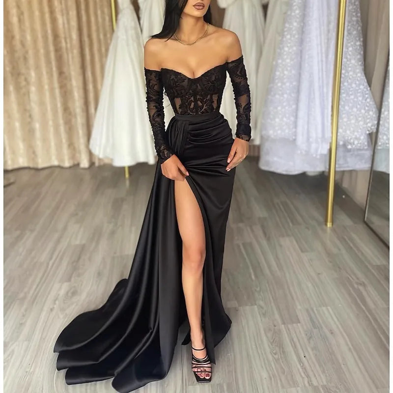 Seductive Mermaid Sweetheart Neck Long-sleeved Lace Black Maxi Prom Dress for Women Hot Sale
