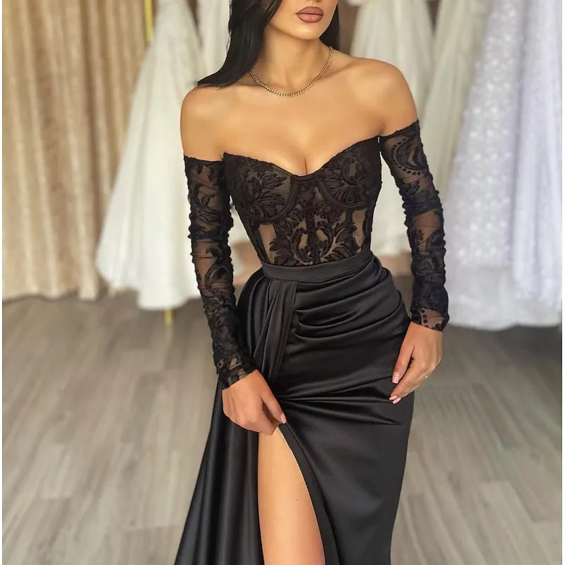 Seductive Mermaid Sweetheart Neck Long-sleeved Lace Black Maxi Prom Dress for Women Hot Sale