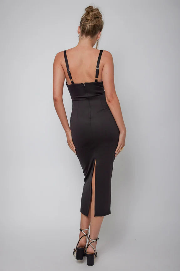 Sweetheart Straps Sequin Black Midi Evening Dress With Back Slit Ready To Ship