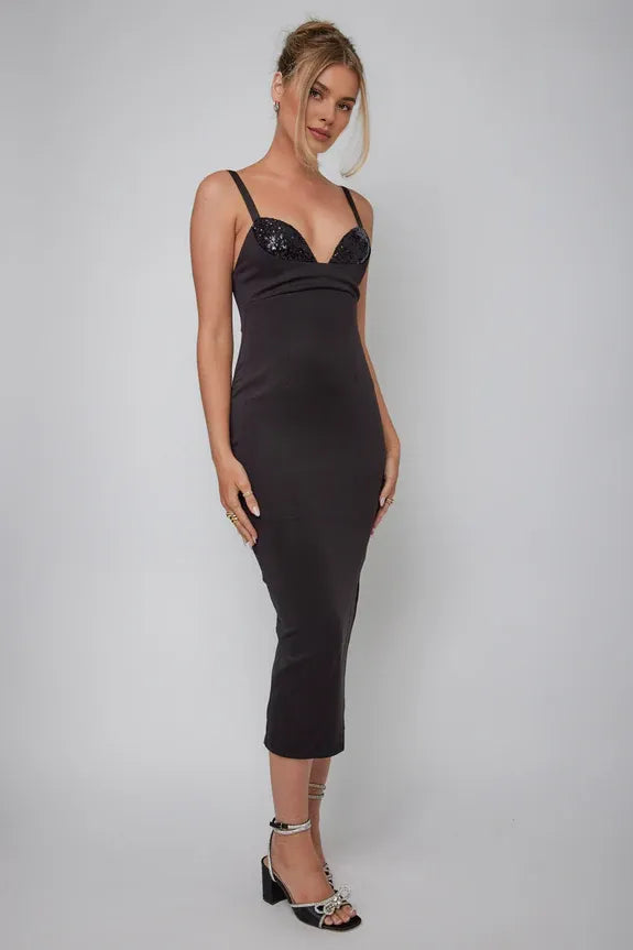 Sweetheart Straps Sequin Black Midi Evening Dress With Back Slit Ready To Ship