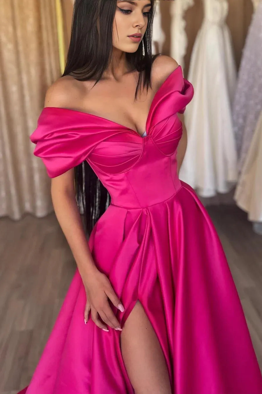 Sexy A-Line Off the Shoulder Pleated Satin Hot Pink Long Prom Dress With High Slit