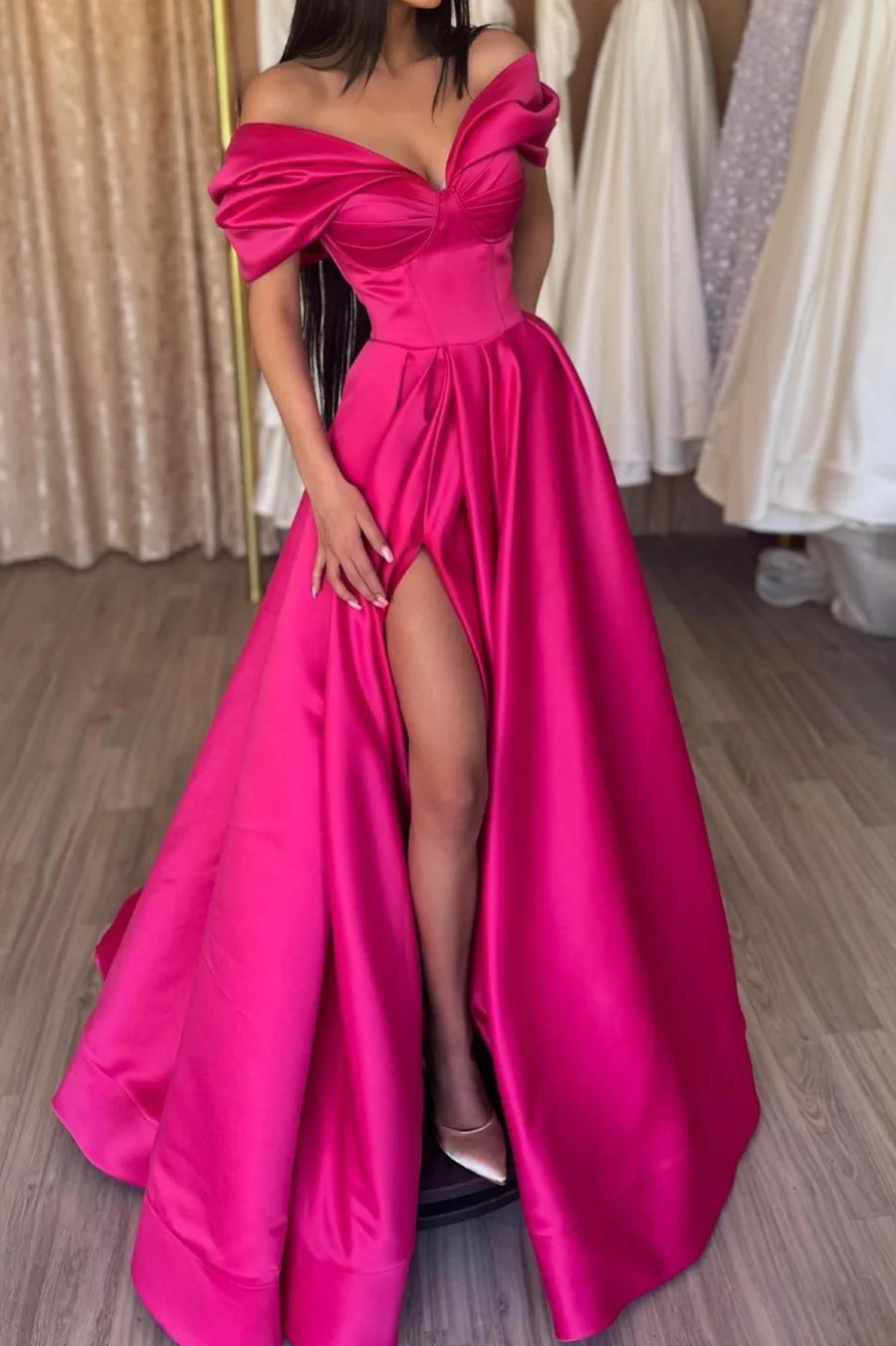 Sexy A-Line Off the Shoulder Pleated Satin Hot Pink Long Prom Dress With High Slit