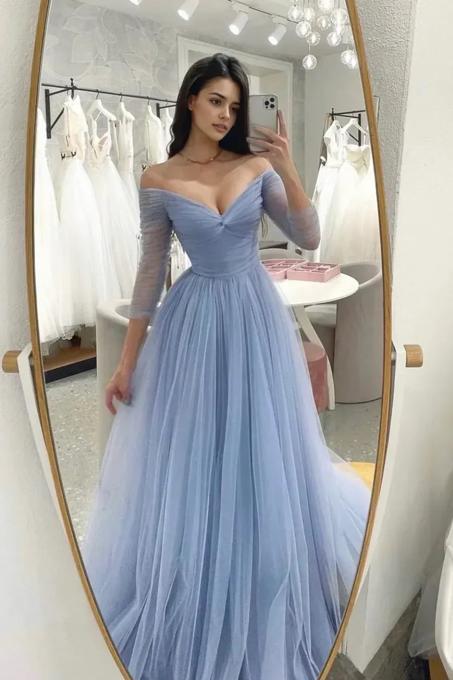 Sexy A-Line V Neck Long Sleeves Pleated Tulle Blue Long Prom Dress