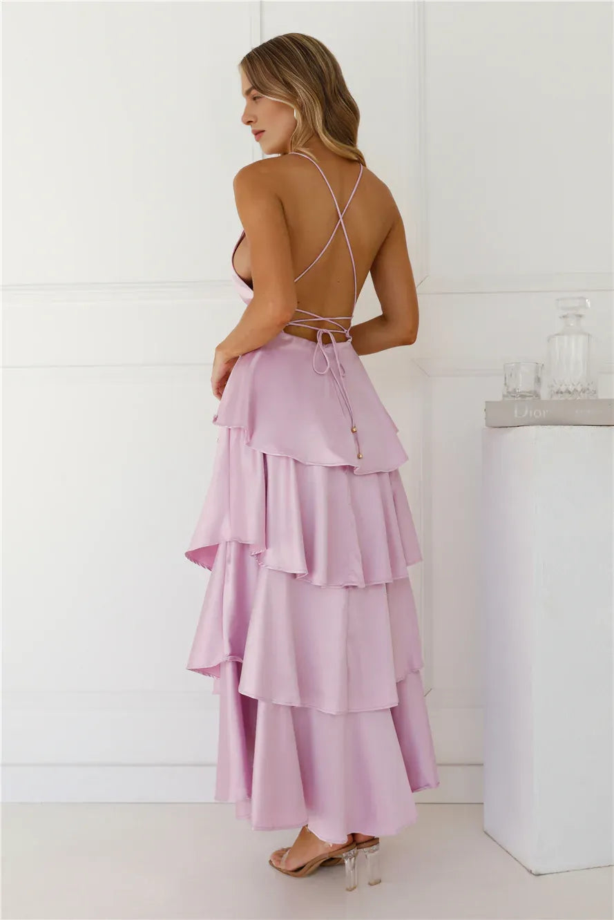 Sexy A-line Deep V Neck Tiered Ruffle Open Back Satin Lilac Maxi Prom Dress