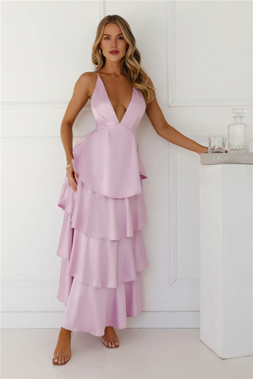 Sexy A-line Deep V Neck Tiered Ruffle Open Back Satin Lilac Maxi Prom Dress