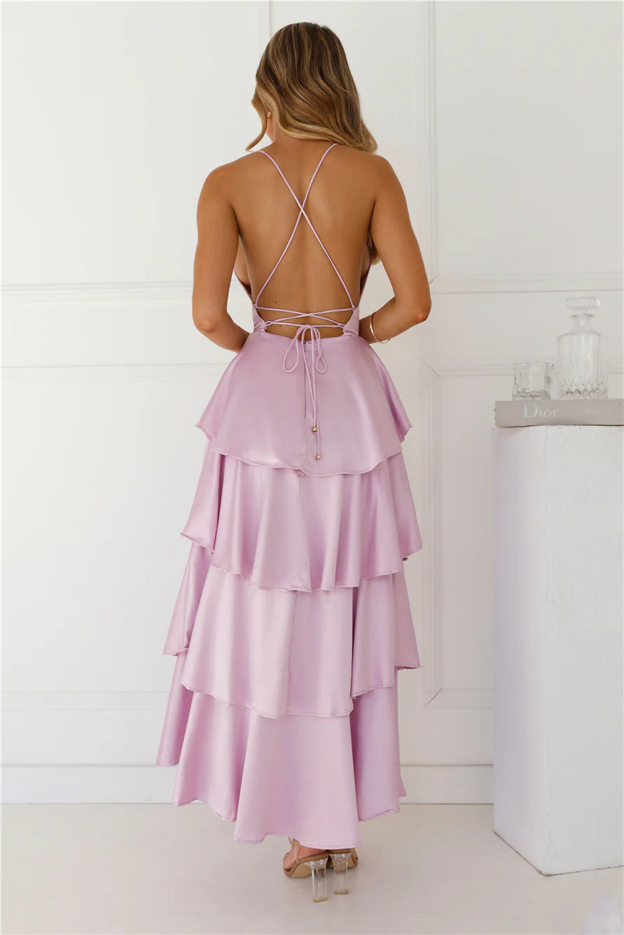Sexy A-line Deep V Neck Tiered Ruffle Open Back Satin Lilac Maxi Prom Dress