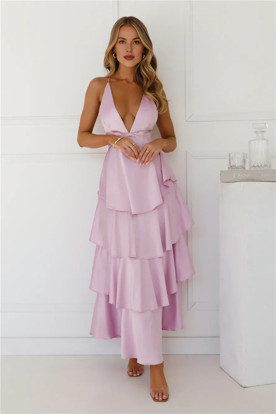 Sexy A-line Deep V Neck Tiered Ruffle Open Back Satin Lilac Maxi Prom Dress