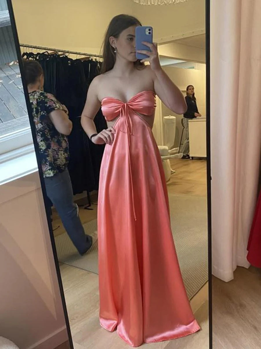 Sexy A-line Pink Satin Sweetheart Collar Strapless Cutout Back Tie Discount Long Prom Dress