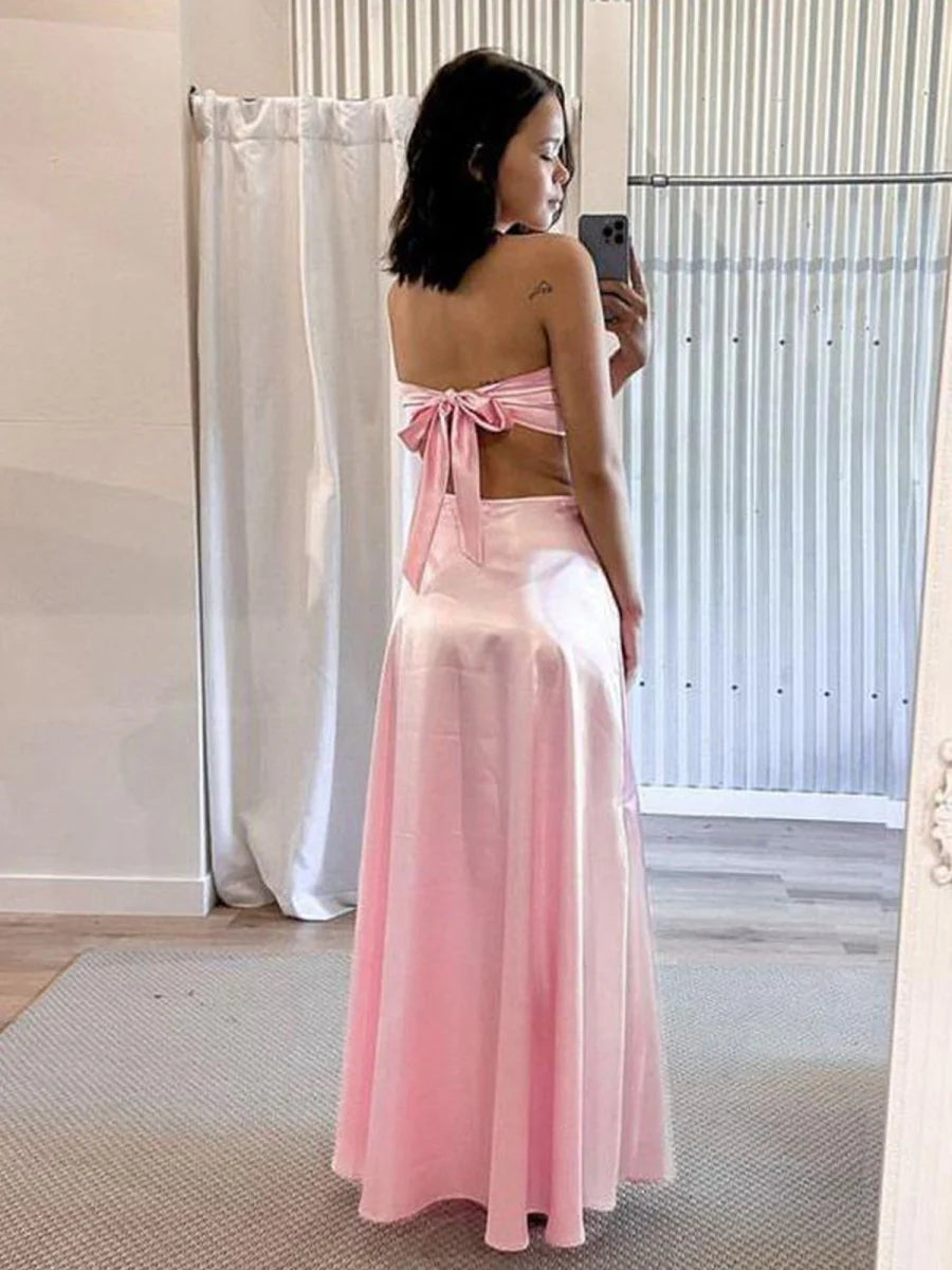 Sexy A-line Pink Satin Sweetheart Collar Strapless Cutout Back Tie Discount Long Prom Dress