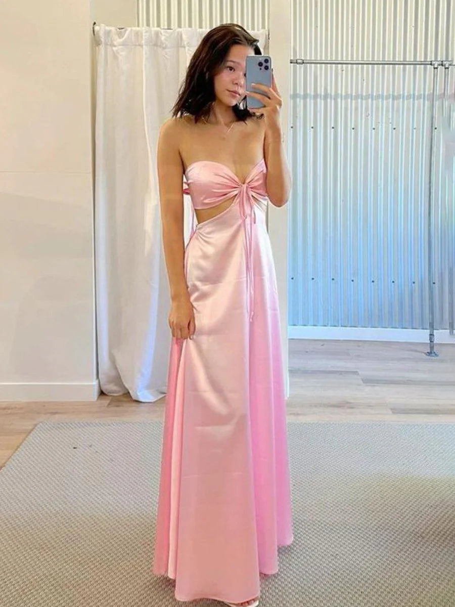 Sexy A-line Pink Satin Sweetheart Collar Strapless Cutout Back Tie Discount Long Prom Dress