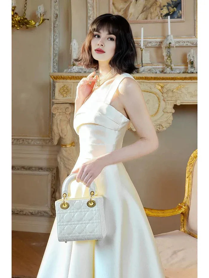 Sexy A-line Square Neckline Sleeveless Pleated Satin White Tea-Length Prom Dress