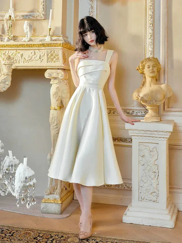 Sexy A-line Square Neckline Sleeveless Pleated Satin White Tea-Length Prom Dress