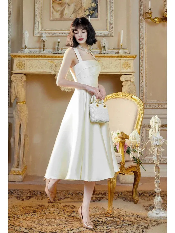 Sexy A-line Square Neckline Sleeveless Pleated Satin White Tea-Length Prom Dress