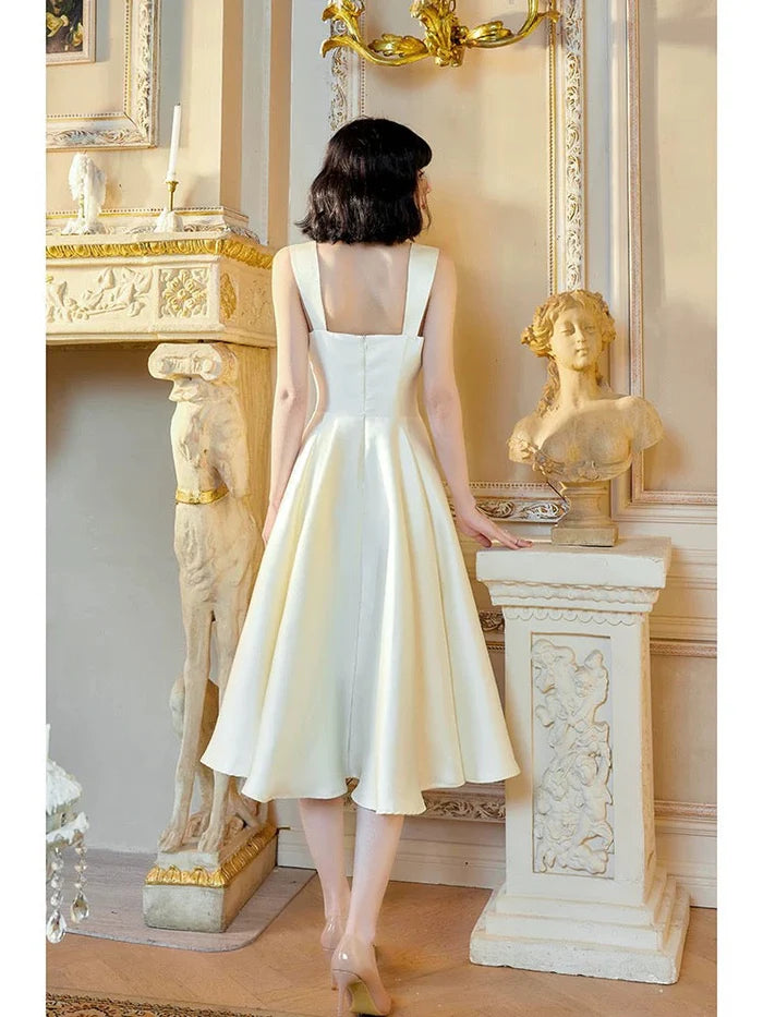Sexy A-line Square Neckline Sleeveless Pleated Satin White Tea-Length Prom Dress