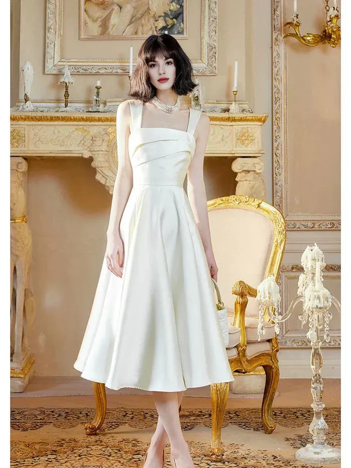 Sexy A-line Square Neckline Sleeveless Pleated Satin White Tea-Length Prom Dress