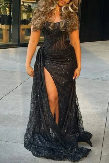 Sexy Black Mermaid Spaghetti Straps Sequin High Slit Long Prom Dresses Party Dress
