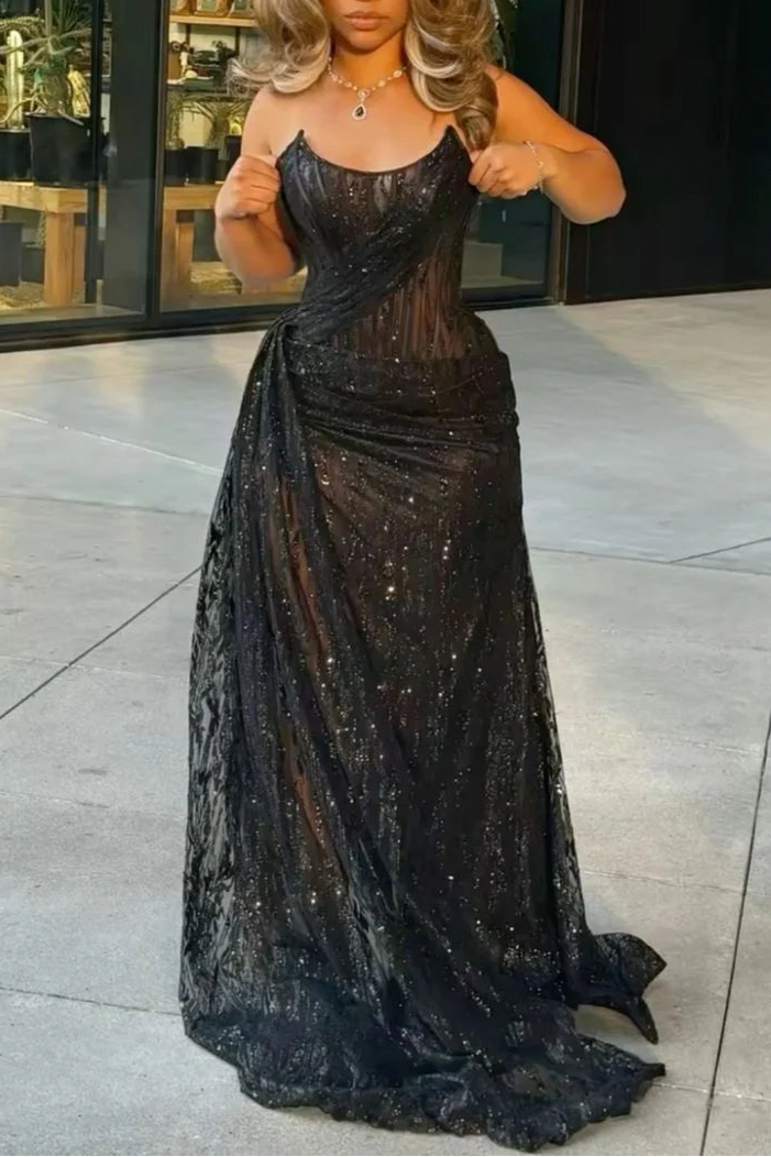 Sexy Black Mermaid Spaghetti Straps Sequin High Slit Long Prom Dresses Party Dress