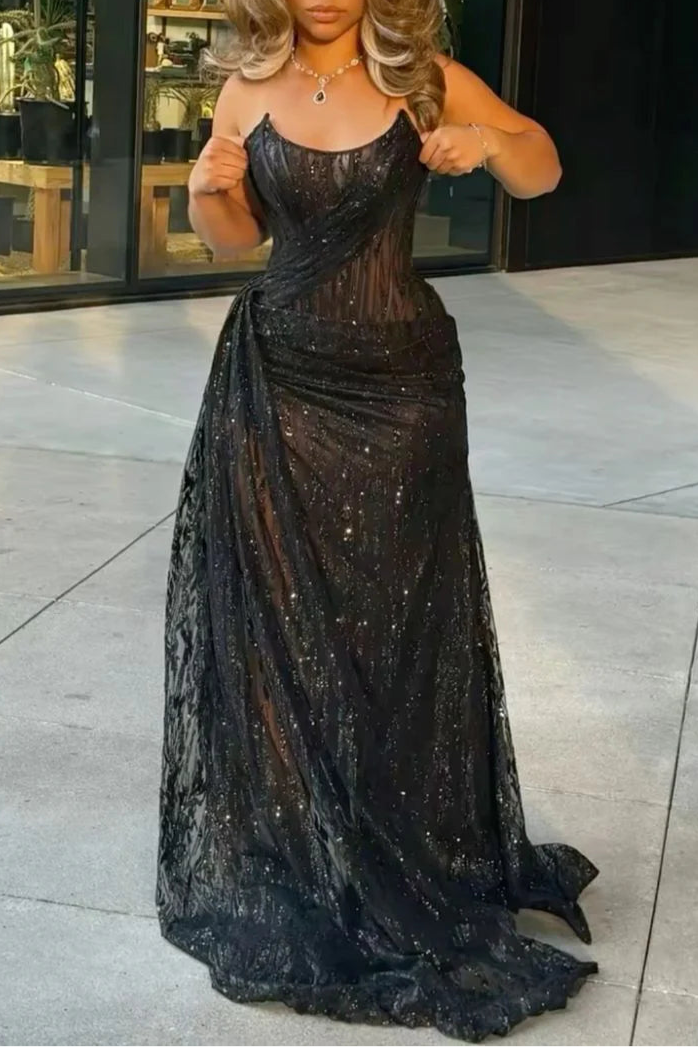 Sexy Black Mermaid Spaghetti Straps Sequin High Slit Long Prom Dresses Party Dress