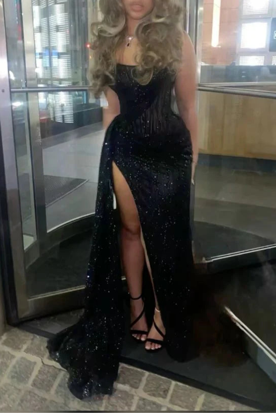 Sexy Black Mermaid Spaghetti Straps Sequin High Slit Long Prom Dresses Party Dress