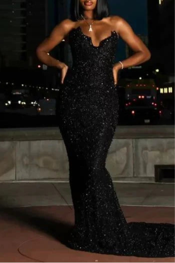 Sexy Black Mermaid Sweetheart Neck Sequin Slit Long Prom Dresses Party Dress