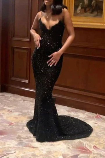 Sexy Black Mermaid Sweetheart Neck Sequin Slit Long Prom Dresses Party Dress