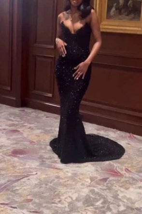 Sexy Black Mermaid Sweetheart Neck Sequin Slit Long Prom Dresses Party Dress