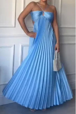 Sexy Blue Pleated Cutout A Line Spaghetti Straps Backless Prom Dresses Long Party Dress